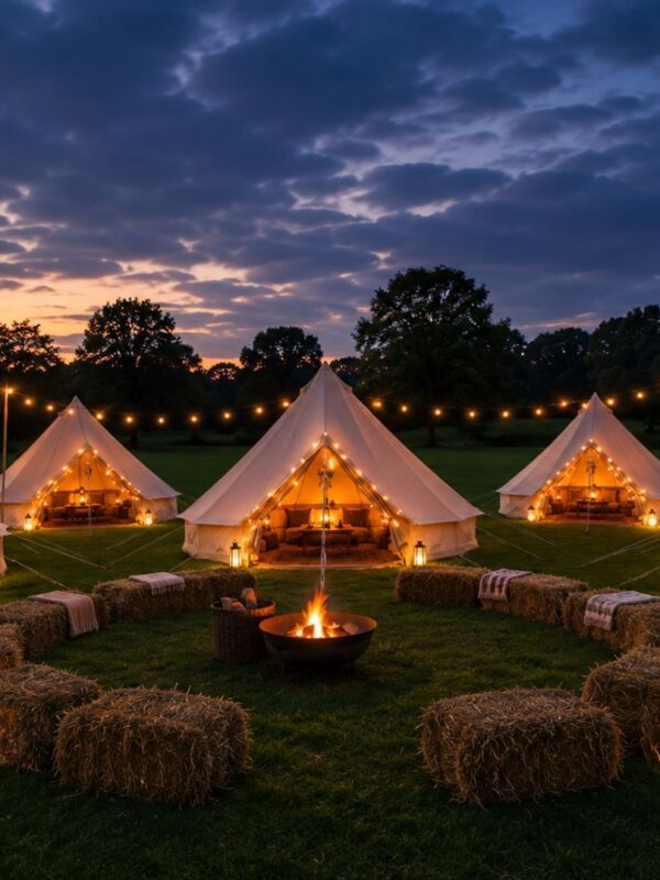 Glamping tents at night at Firle Place during an event